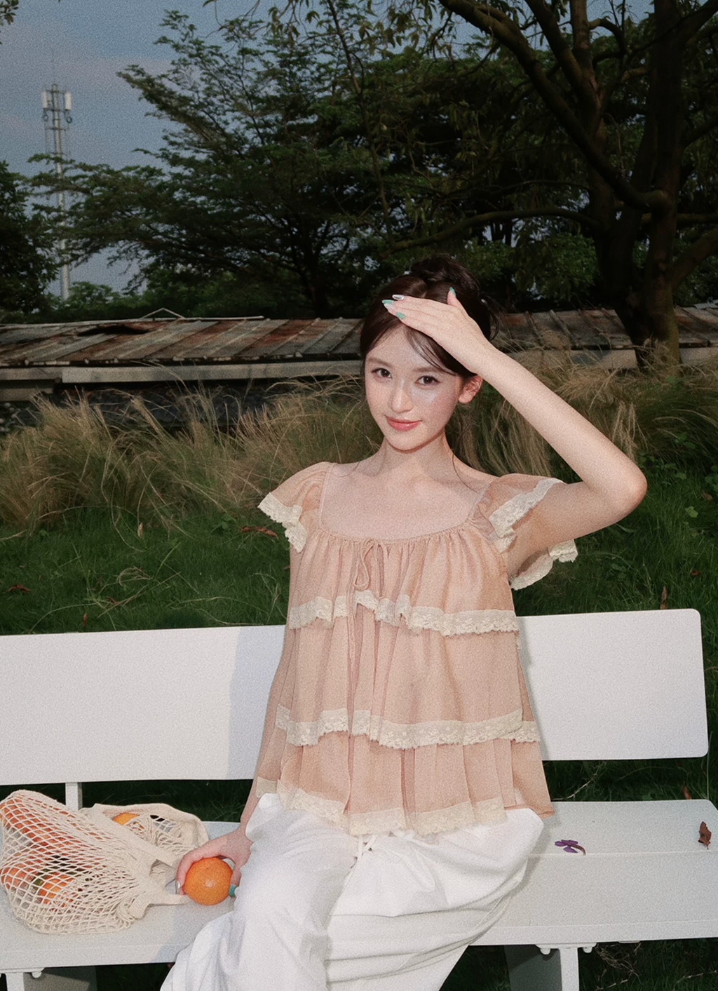 OIOI ESSE Women's chiffon lace blouse with puffy sleeves, light summer style.