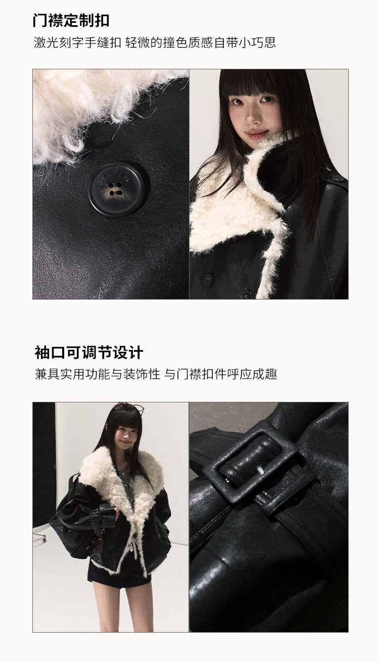 OAKMOO "One Night Osmanthus Tree" Women's Soft Fleece Short Leather Jacket Thick Lapel Winter