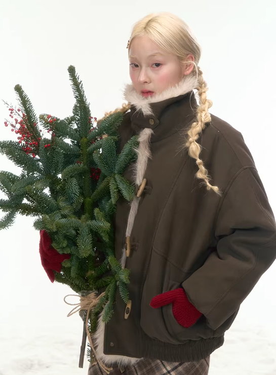 CANSTOREGIRLS Canned Goods 'Caramel Taro Milk Puff' stand-collar winter coat with horn buttons, made of cotton and PU leather, short style.