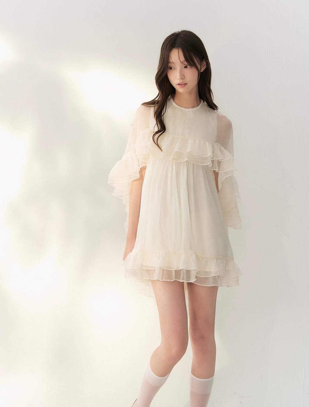 RECIT Classic French sleek beige dress with cape, layers of lace and beads, A-line silhouette.