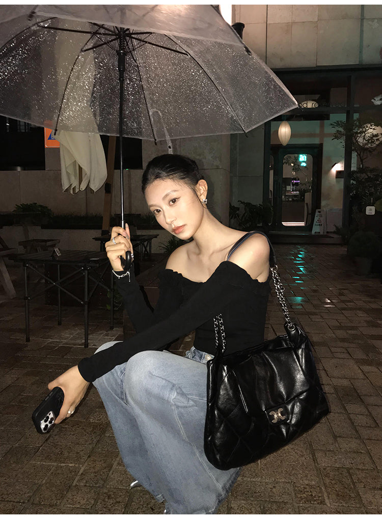 PUSUMEDE 3D rose pattern one-shoulder long-sleeved T-shirt for women, body-hugging design