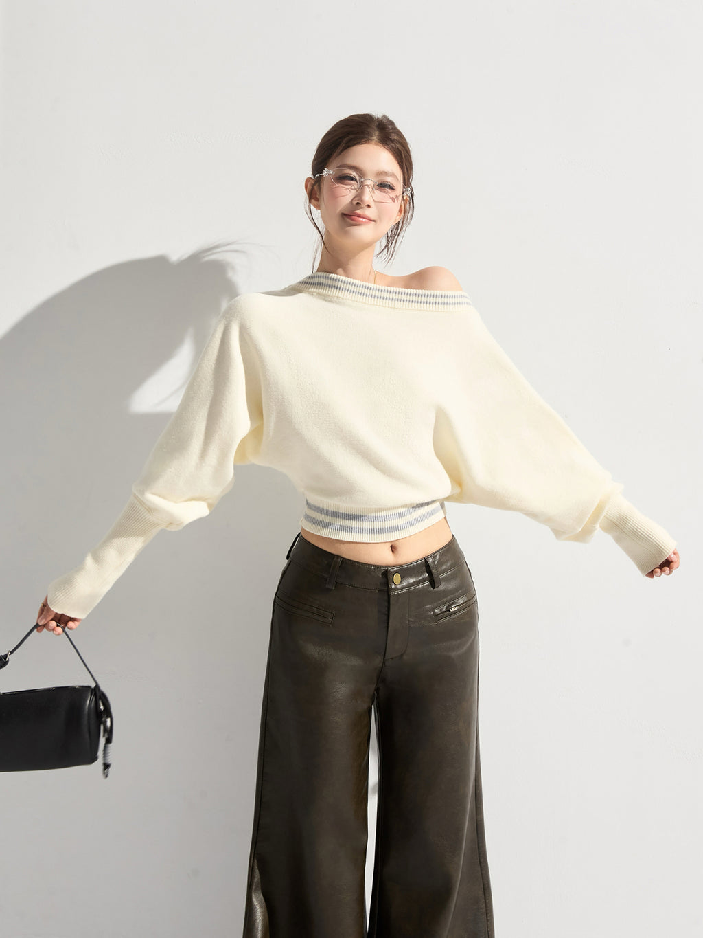 Therous new autumn women's soft and short off-the-shoulder casual multi-purpose striped sweater