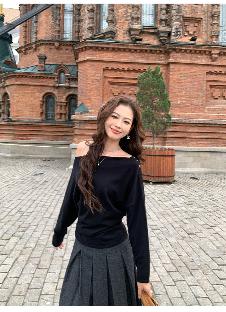 Pusumede one shoulder long sleeve sweater original color temperament female design cross shoulder t-shirt