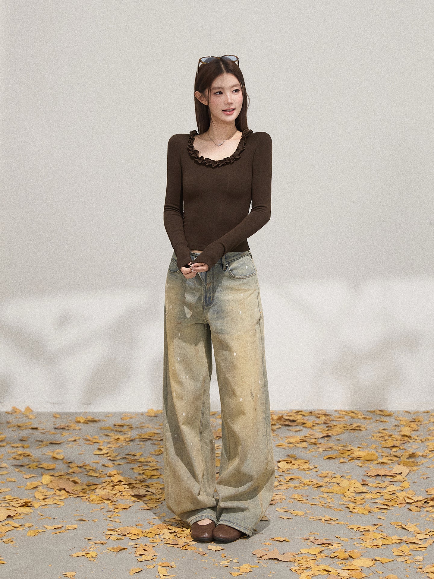 THEROUS Women's T-shirt, slim fit, U-neck, ruffled hem, simple design, comfortable, suitable for autumn (sale)