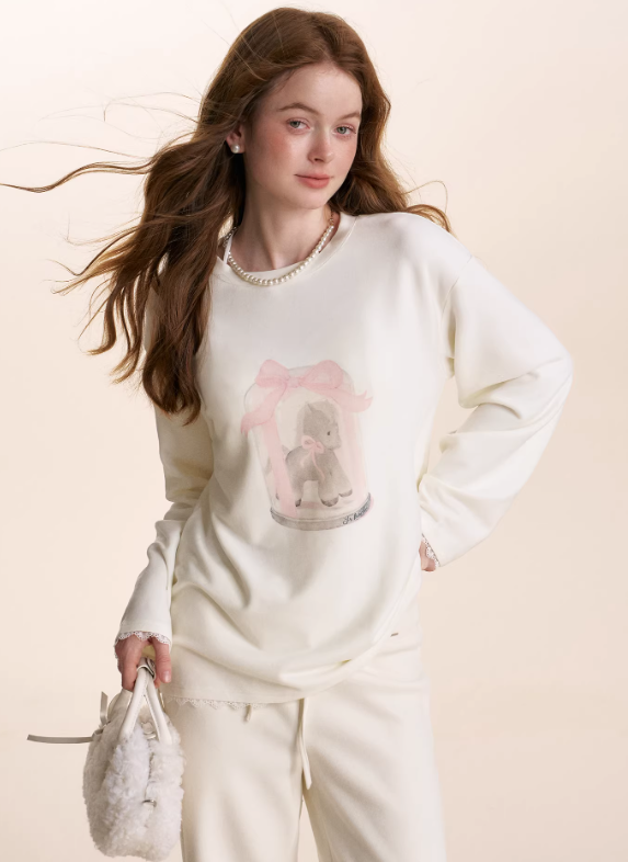 KROCHE Loose long-sleeved T-shirt, thick material, hand-painted Pony print, Kroche 25aw gift box.
