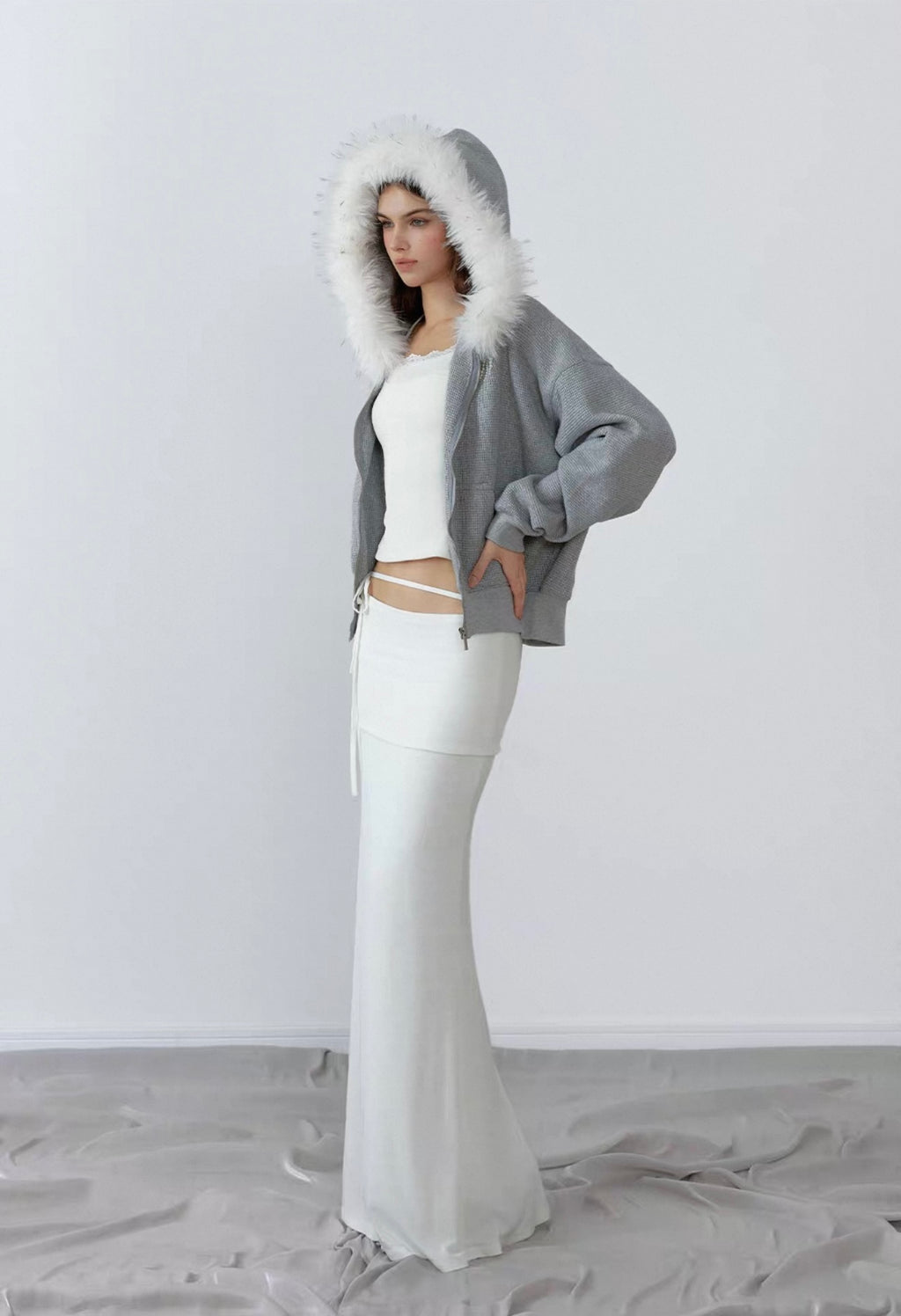 Grey fleece jacket with hood and fur collar