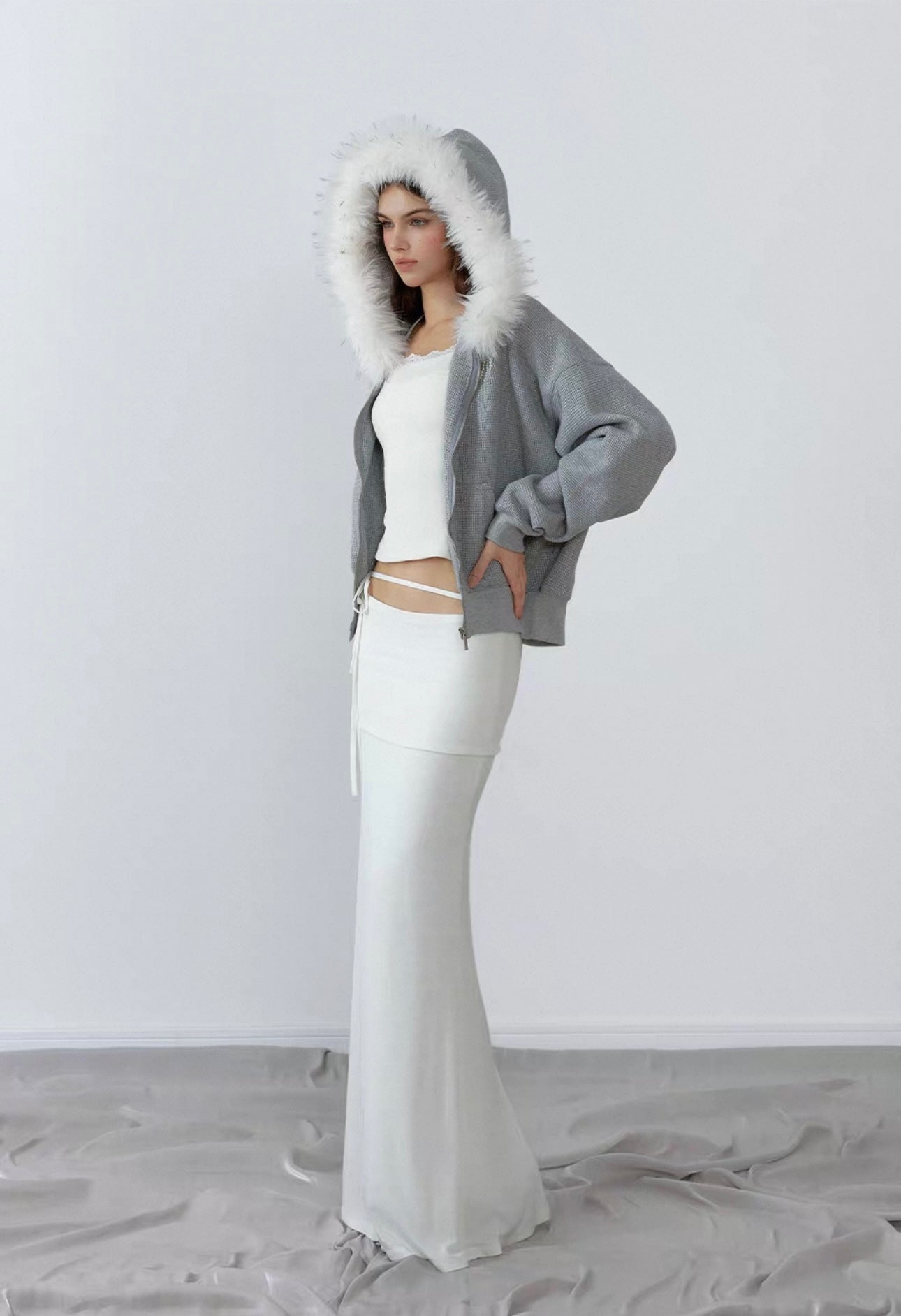 Grey fleece jacket with hood and fur collar
