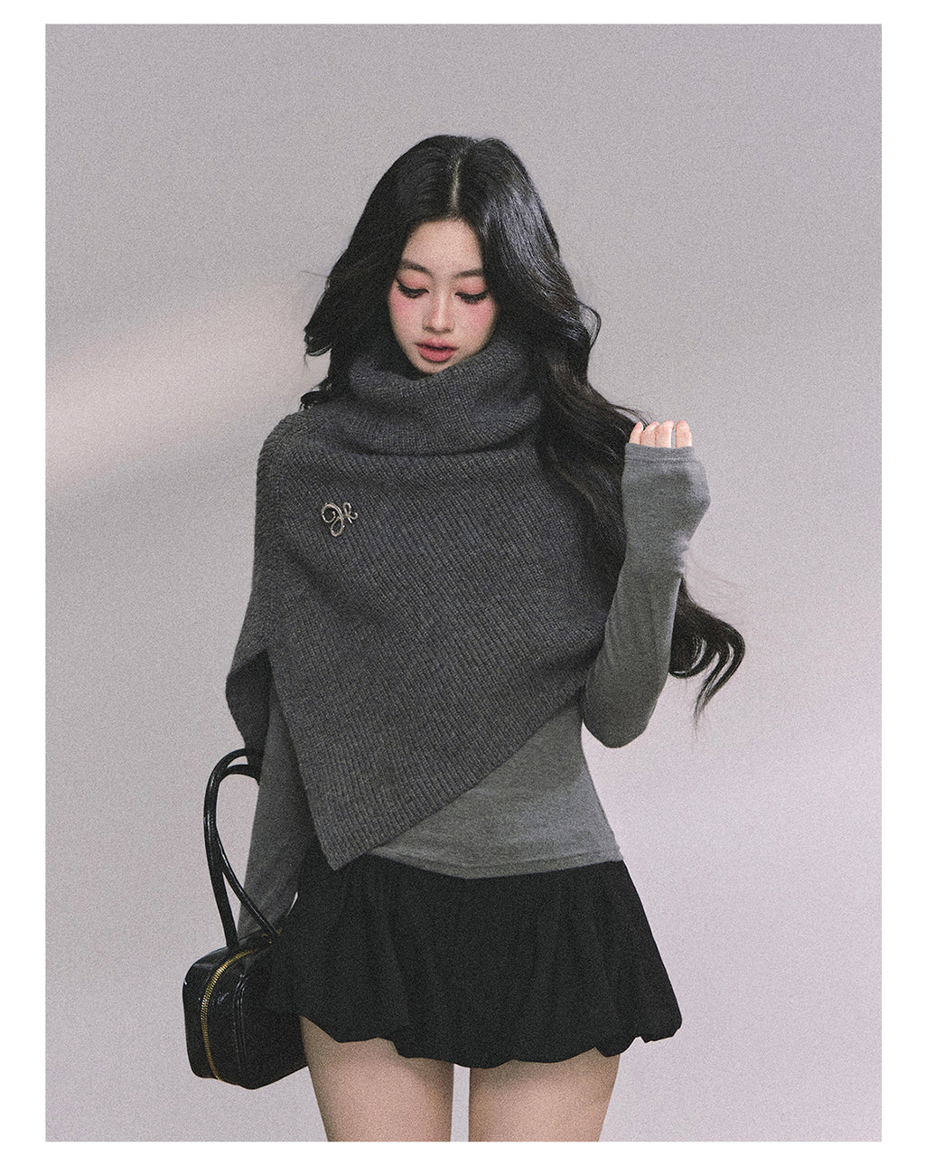 SHAOYEYAN Women's "Late Autumn Sycamore" French Knitted High Neck Sweater, Autumn Gray Coat