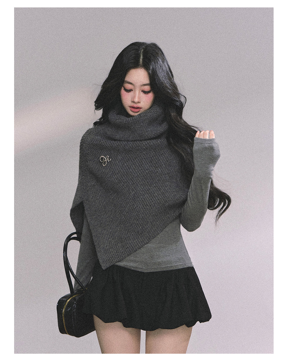 SHAOYEYAN Women's "Late Autumn Sycamore" French Knitted High Neck Sweater, Autumn Gray Coat