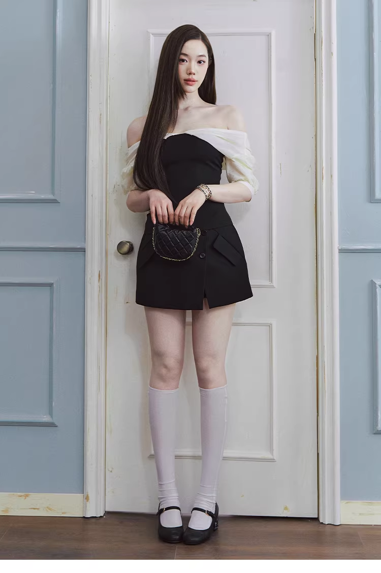 LaLuneDuCiel Two-piece shirt without shoulder straps, puffed sleeves, tight fit, sweet and gentle design for women