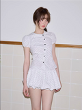 ROMANCENANCI Short-sleeved polka dot shirt set with pleated design, Peter Pan collar and figure-hugging tulip skirt