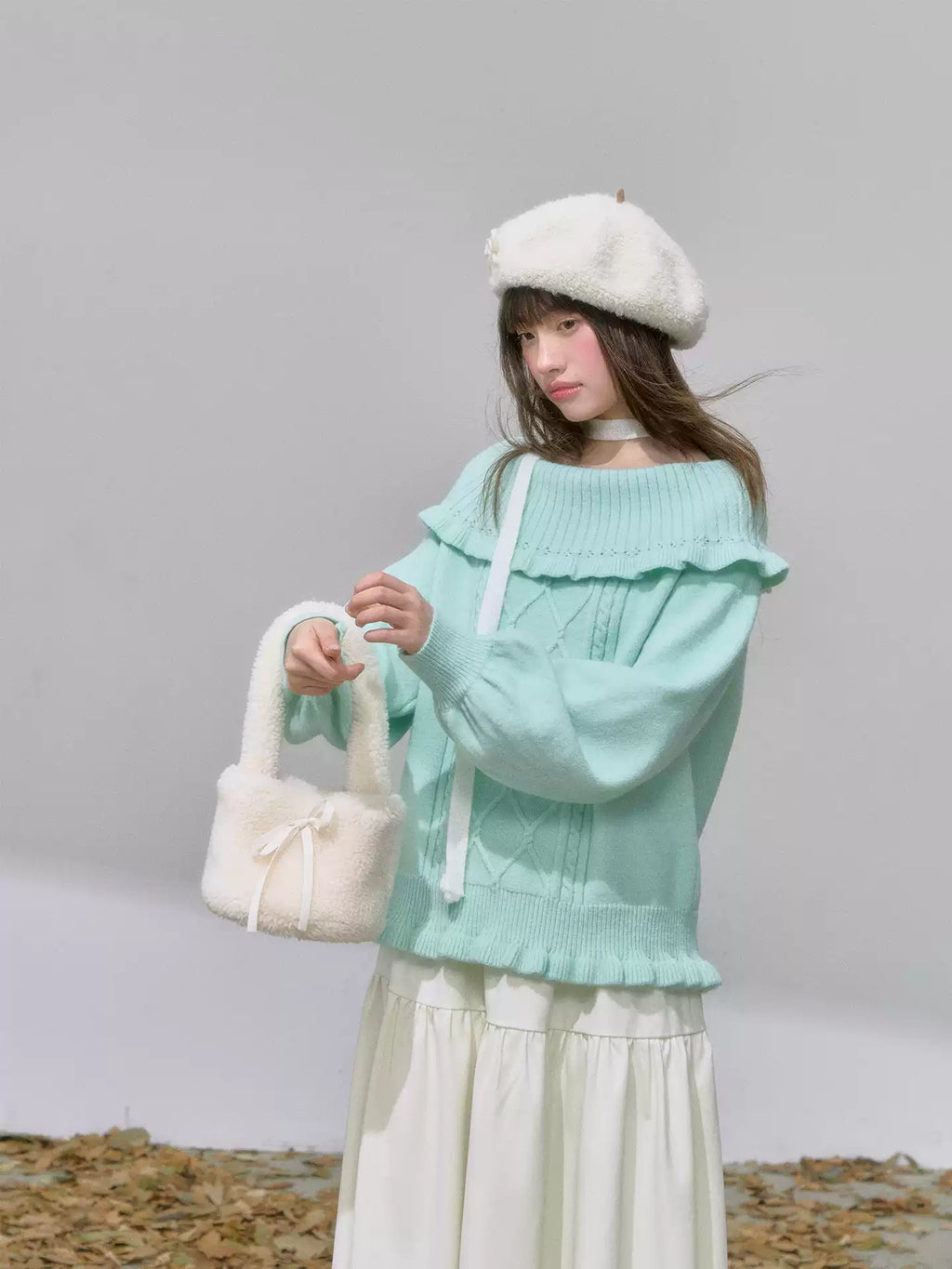 CANSTOREGIRLS Canned Goods Store Women's Mint Green Winter Off-the-Shoulder Rope Knit 'Mint Cloud Poem'