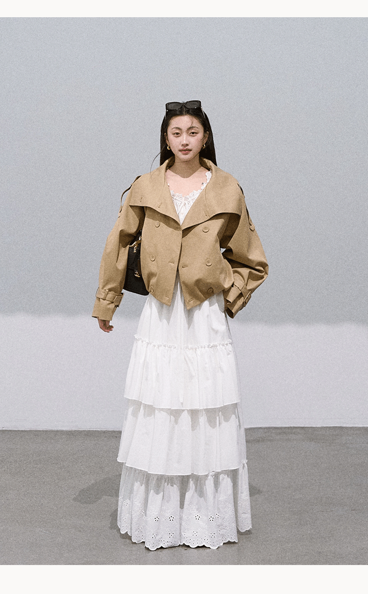 Oakmoo "Through the Oak Woods" Short Double-Breasted Lyocell Cotton Stand Collar Trench Coat