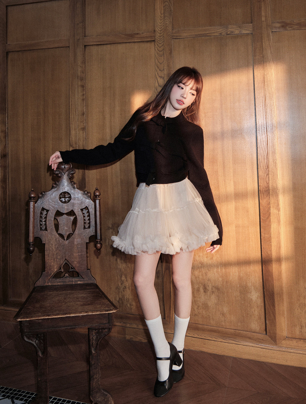 A-line dress, half dress, ruffled tulle mesh dress, fall winter AVENEMENT