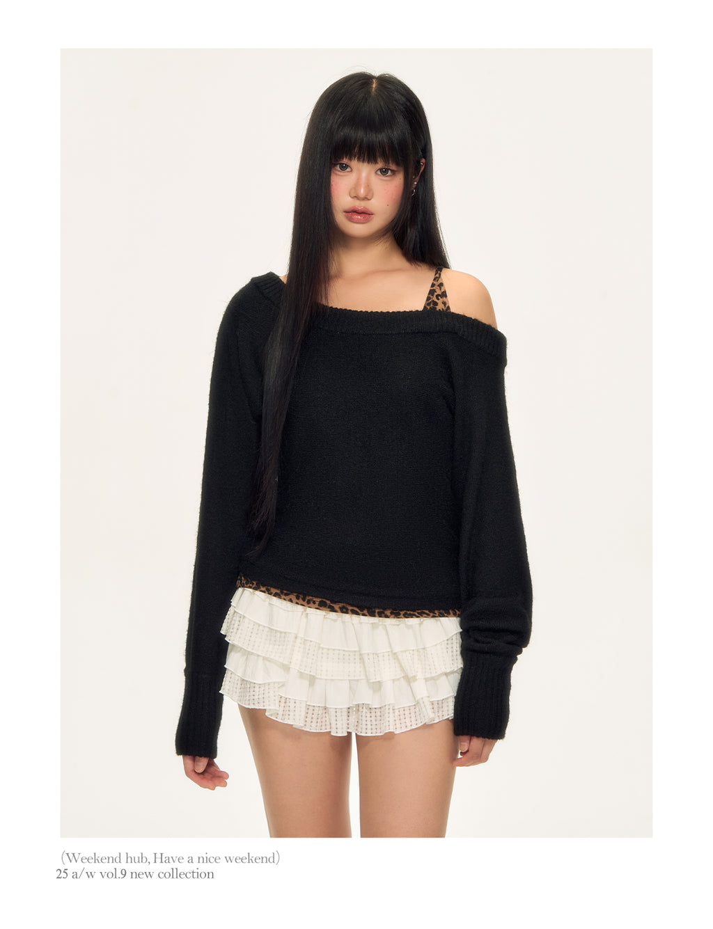 WEEKENDHUB レディース ワンショルダー ストラップレス 長袖 レオパード柄 ツーピース ニットセーター 柔らかく暖かい 秋