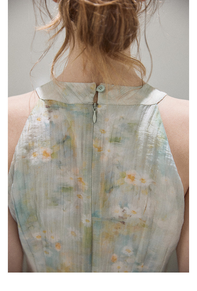 "Monet's ink painting" Callmelater sleeveless tencel halter neck dress with lace trim for the holiday season