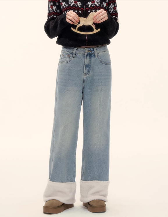 AsGony wide-leg straight jeans with fleece lining at the hem - Wide fit, flattering, comfortable, versatile, fleece-lined long pants.