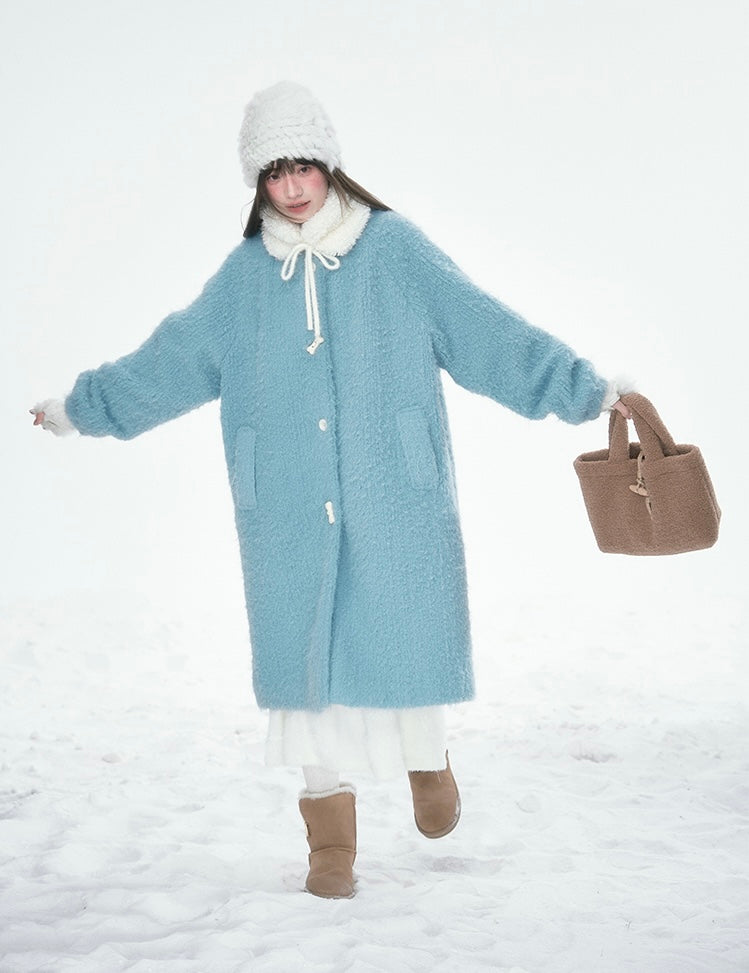 CANSTOREGIRLS Women's coat Canned Goods Store 2025 winter new style color block medium length fur collar blue quilted wool