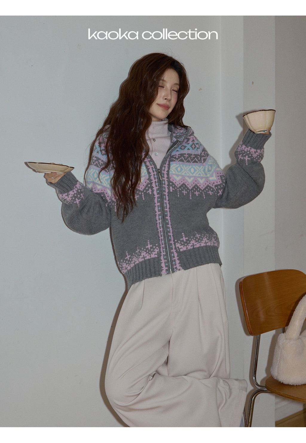 KAOKA Chaochao Fair Isle Beige Christmas Hooded Sweater Women's Long Sleeve Thick Sweater