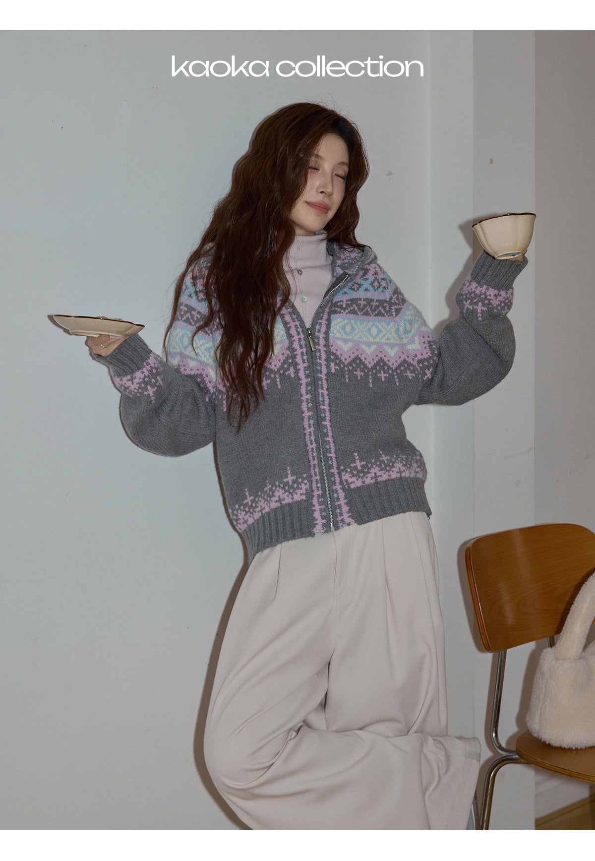 KAOKA Chaochao Fair Isle Beige Christmas Hooded Sweater Women's Long Sleeve Thick Sweater