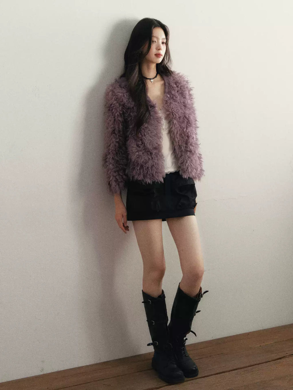 1PSTUDIO Women's Purple V-neck Faux Fur Coat, Warm Eco-Friendly Winter Short Fur Coat