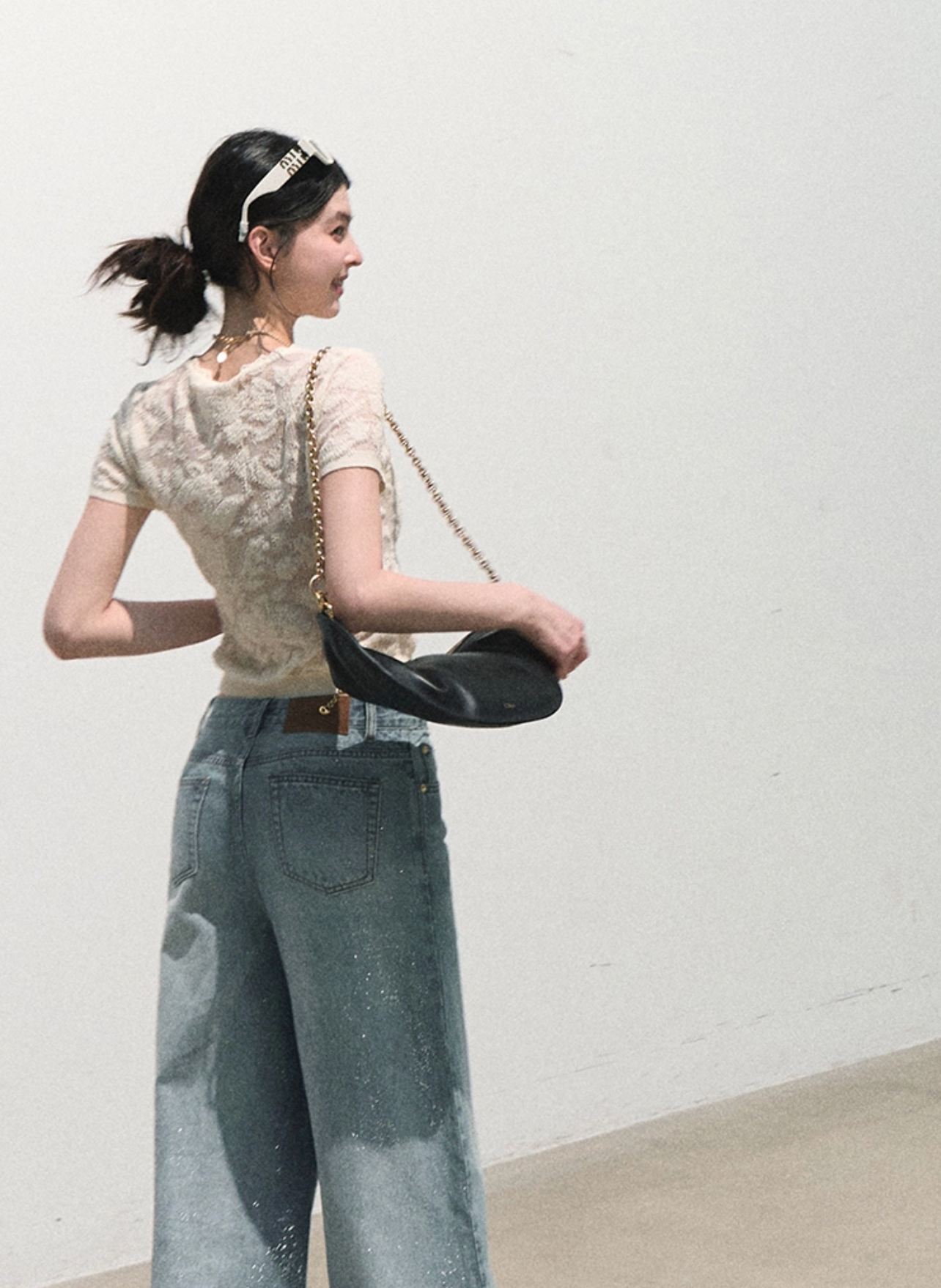 OAKMOO / "Two Summers" Bohemian organza jacquard short-sleeve knitted t-shirt with hollow out top