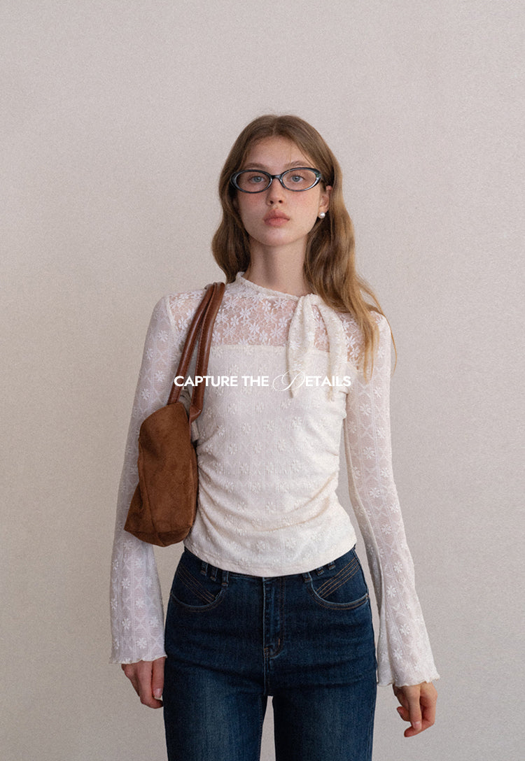 EGGKA floral lace bow tie neck T-shirt