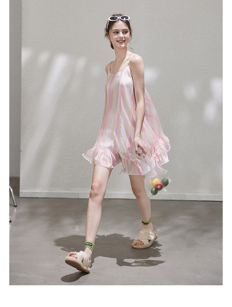 "Liuli Tangyu" Short, ruffled pinafore dress in a resort style, featuring a neon ombre Callmelater design.