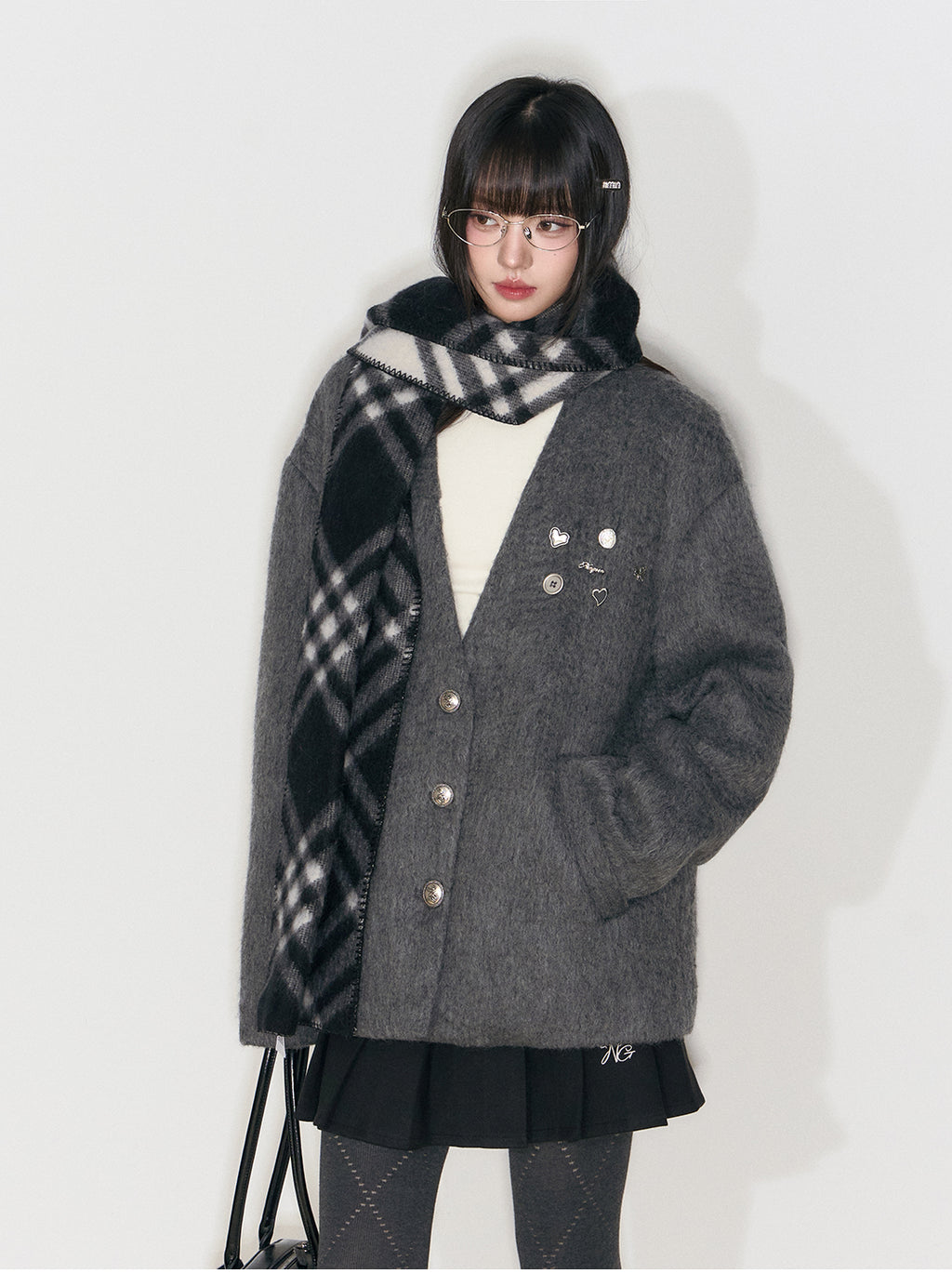 NANGOON Women's unique design loose fitting winter gray wool coat, versatile