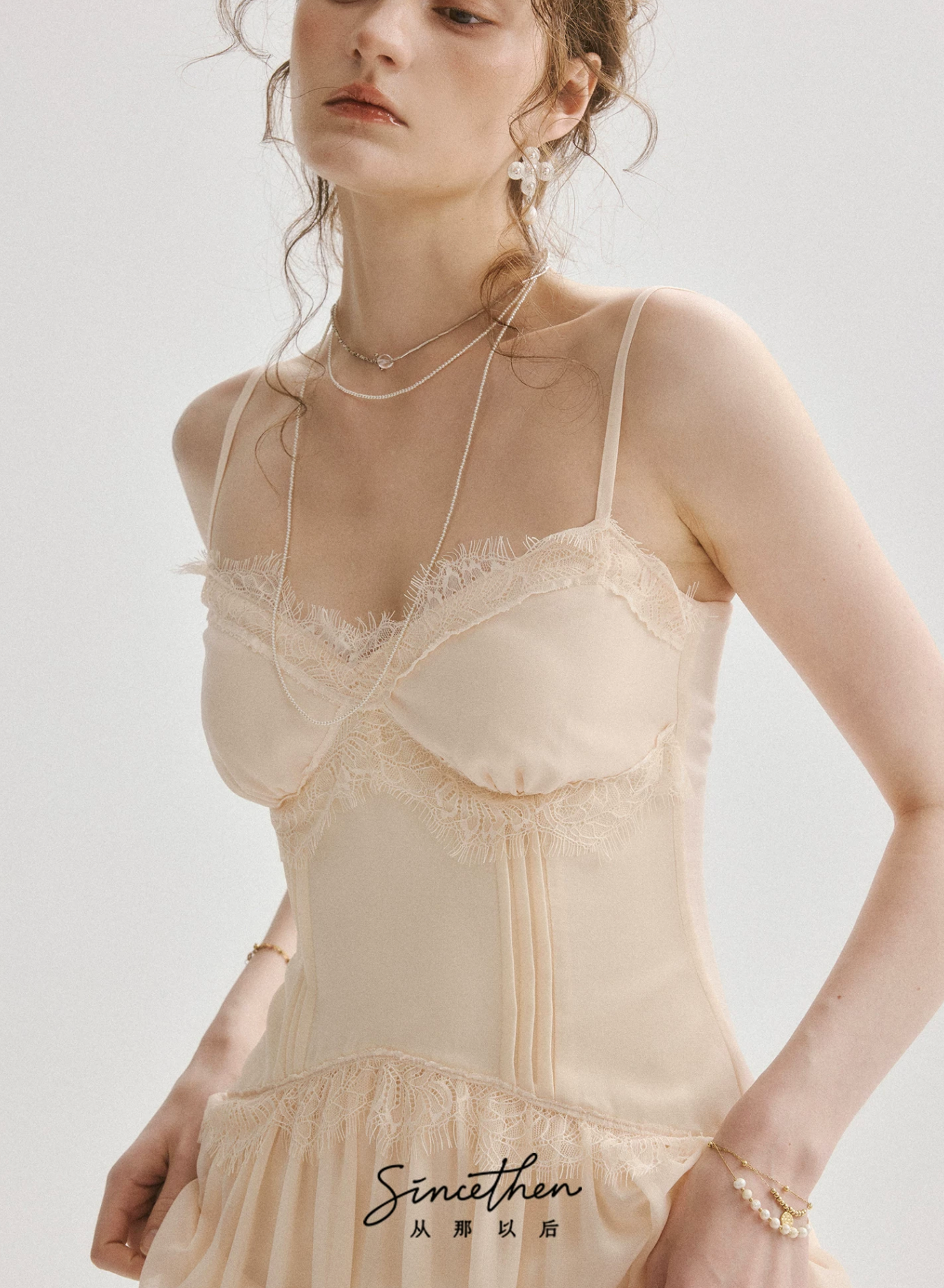 SINCETHEN French evening dresses, resort-style slip dresses, high-waisted lace maxi dresses and summer dresses