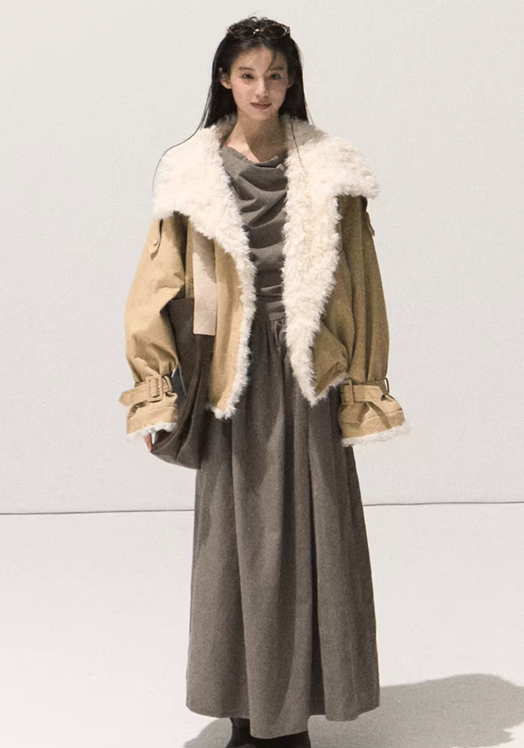 OAKMOO OAKMOO Short Fleece Leather Jacket / "A Night Under the Osmanthus Tree" for Women, Thick Lapel Collar Parka for Winter